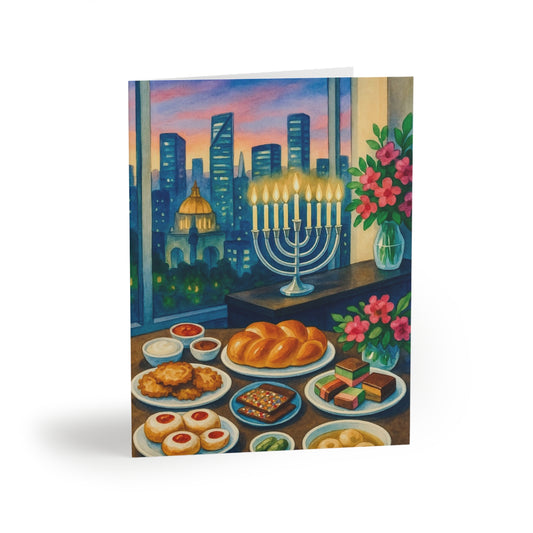 Hanukkah Greeting Cards - Festive Celebration, Jewish Traditions, Holiday Cheer, Unique Holiday Greetings, Menorah & Treats Design