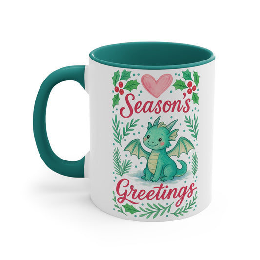 Season's Greetings Dragon Accent Mug | Holiday Coffee Cup, Cute Gift for Kids, Christmas Decor, Kawaii Tea Mug, Fantasy Drinkware