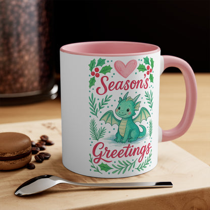 Season's Greetings Dragon Accent Mug | Holiday Coffee Cup, Cute Gift for Kids, Christmas Decor, Kawaii Tea Mug, Fantasy Drinkware