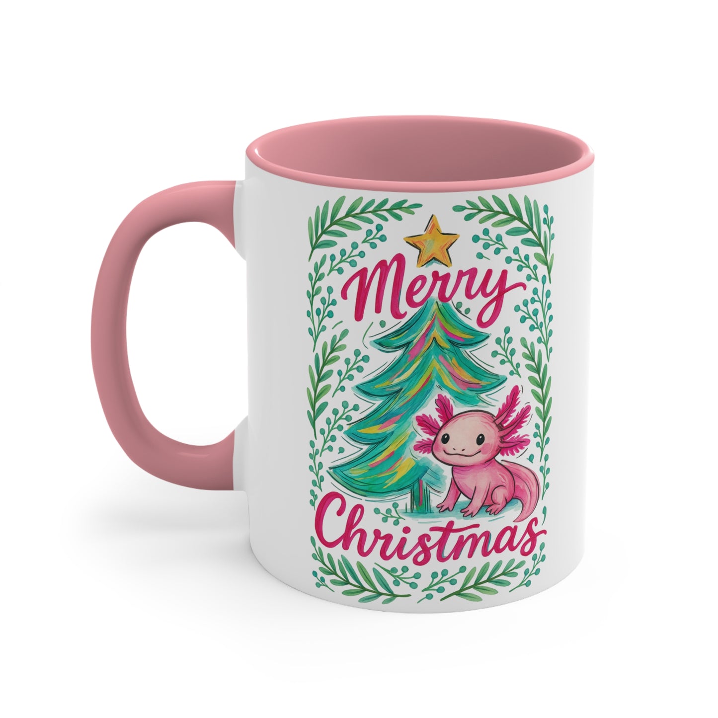Merry Christmas Accent Mug with Cute Axolotl Design, Holiday Coffee Cup, Seasonal Drinkware, Gift for Ocean Lovers, Festive Kitchen Decor