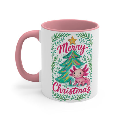 Merry Christmas Accent Mug with Cute Axolotl Design, Holiday Coffee Cup, Seasonal Drinkware, Gift for Ocean Lovers, Festive Kitchen Decor