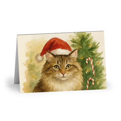 Christmas Cat Greeting Cards, Holiday Cards, Cat Lover Cards, Festive Greeting Cards, Cute Cat Art Cards, 1 or 10-pack