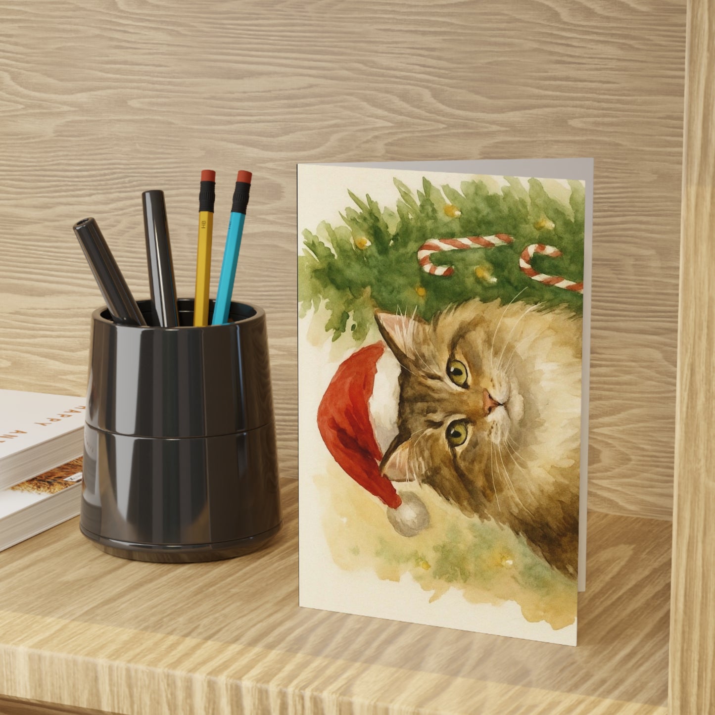 Christmas Cat Greeting Cards, Holiday Cards, Cat Lover Cards, Festive Greeting Cards, Cute Cat Art Cards, 1 or 10-pack