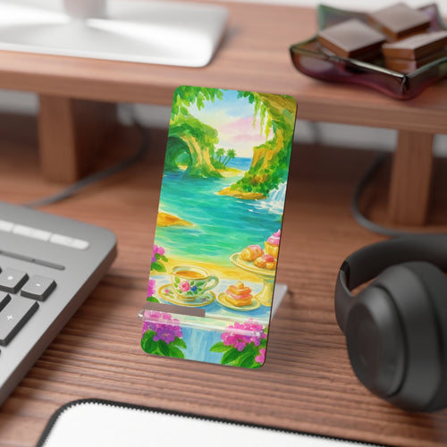 Artistic Mobile Display Stand for Smartphones - Vibrant Beach Scene, Phone Holder, Desk Accessory, Gift for Her, Tropical Decor