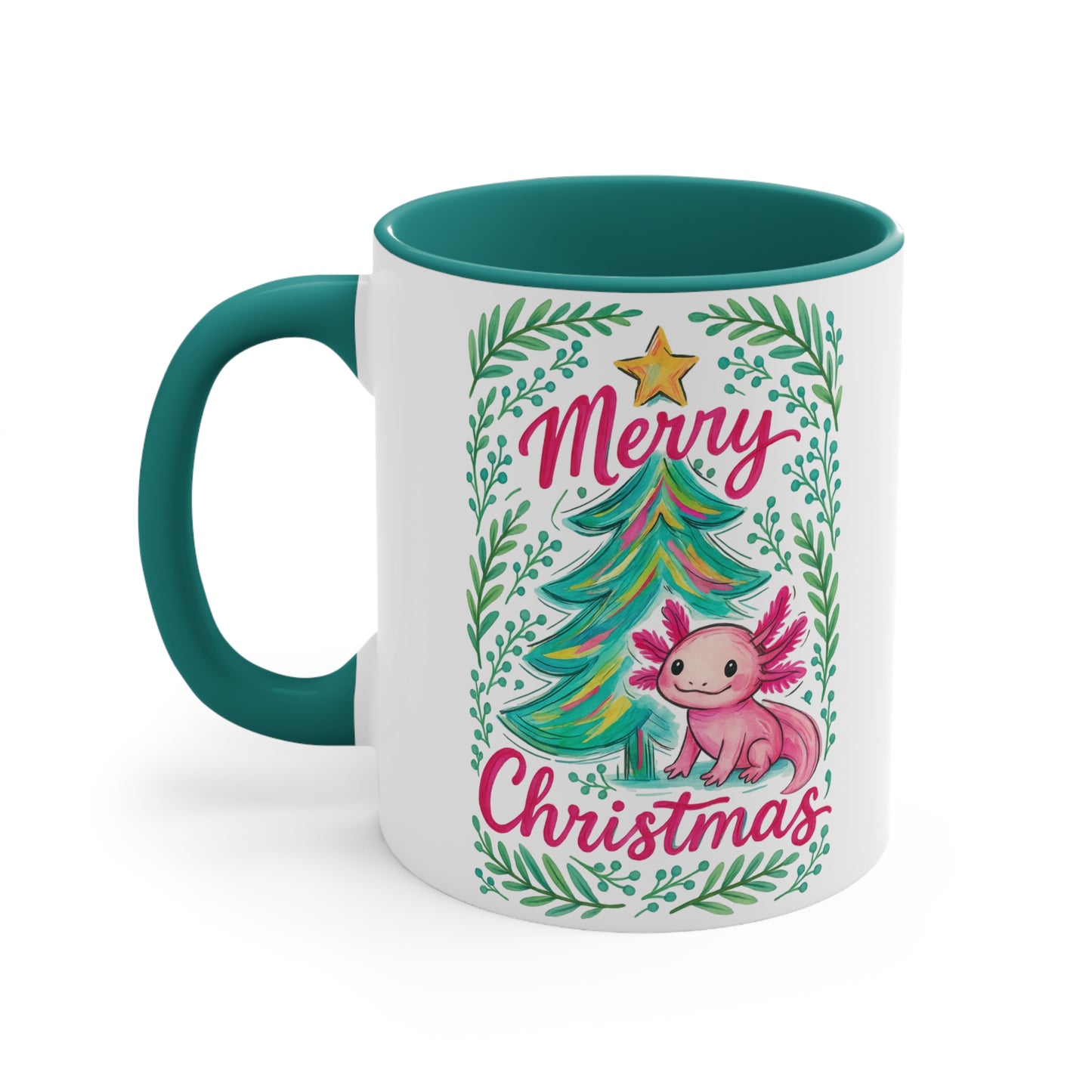 Merry Christmas Accent Mug with Cute Axolotl Design, Holiday Coffee Cup, Seasonal Drinkware, Gift for Ocean Lovers, Festive Kitchen Decor