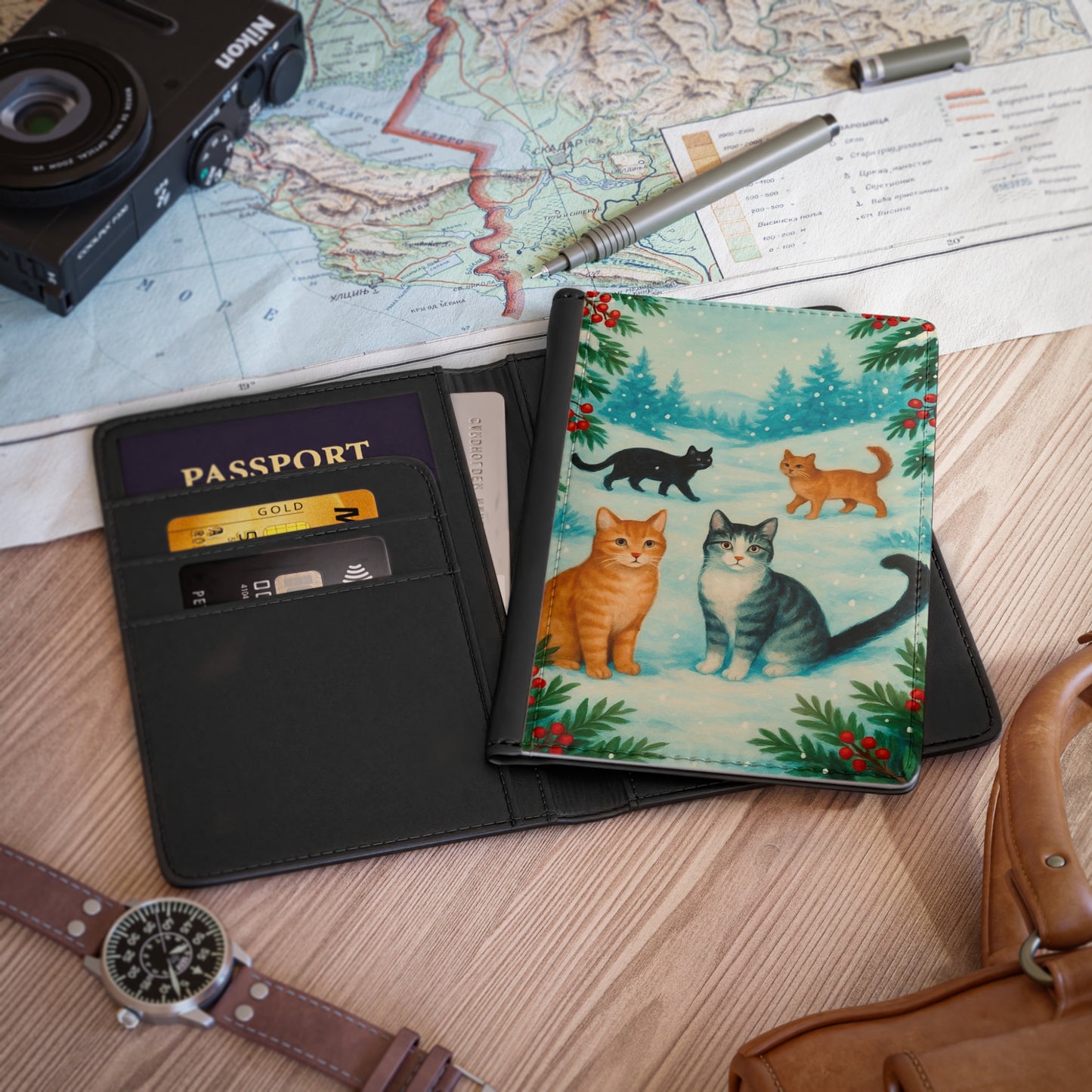 Winter Cat Passport Cover, Travel Accessory, Cute Cat Design, Gift for Cat Lovers, Holiday Travel, Kitty Themed