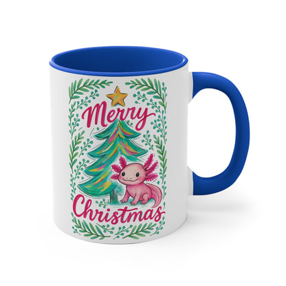 Merry Christmas Accent Mug with Cute Axolotl Design, Holiday Coffee Cup, Seasonal Drinkware, Gift for Ocean Lovers, Festive Kitchen Decor